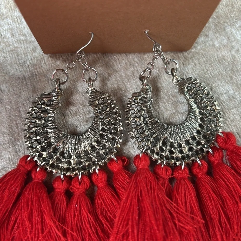 Brand New Red Tassel Oxidized Metal Floral Crescent Boho Festival Drop Earrings